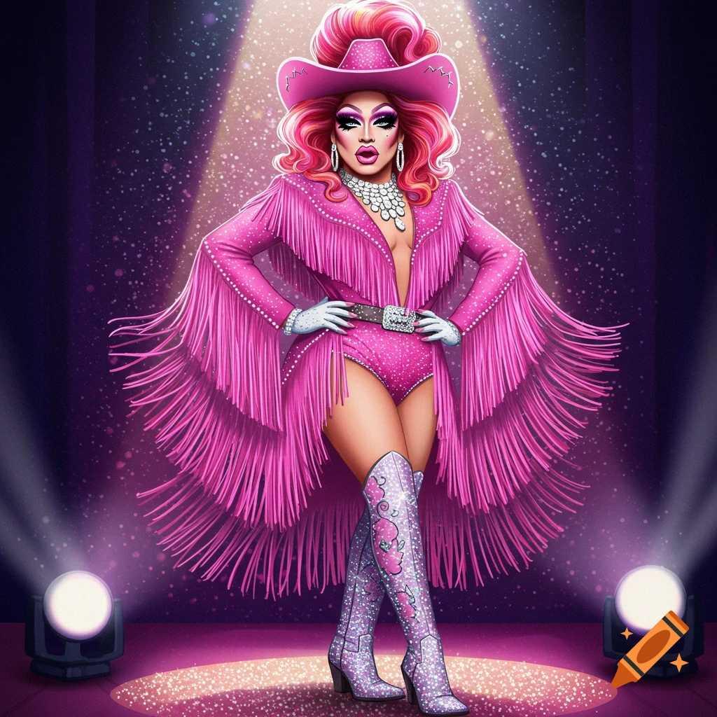 A drag queen in a pink fringed cowgirl outfit is on a stage.