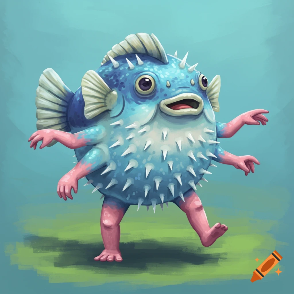 A blue puffer fish with pink human-like arms and legs walking.