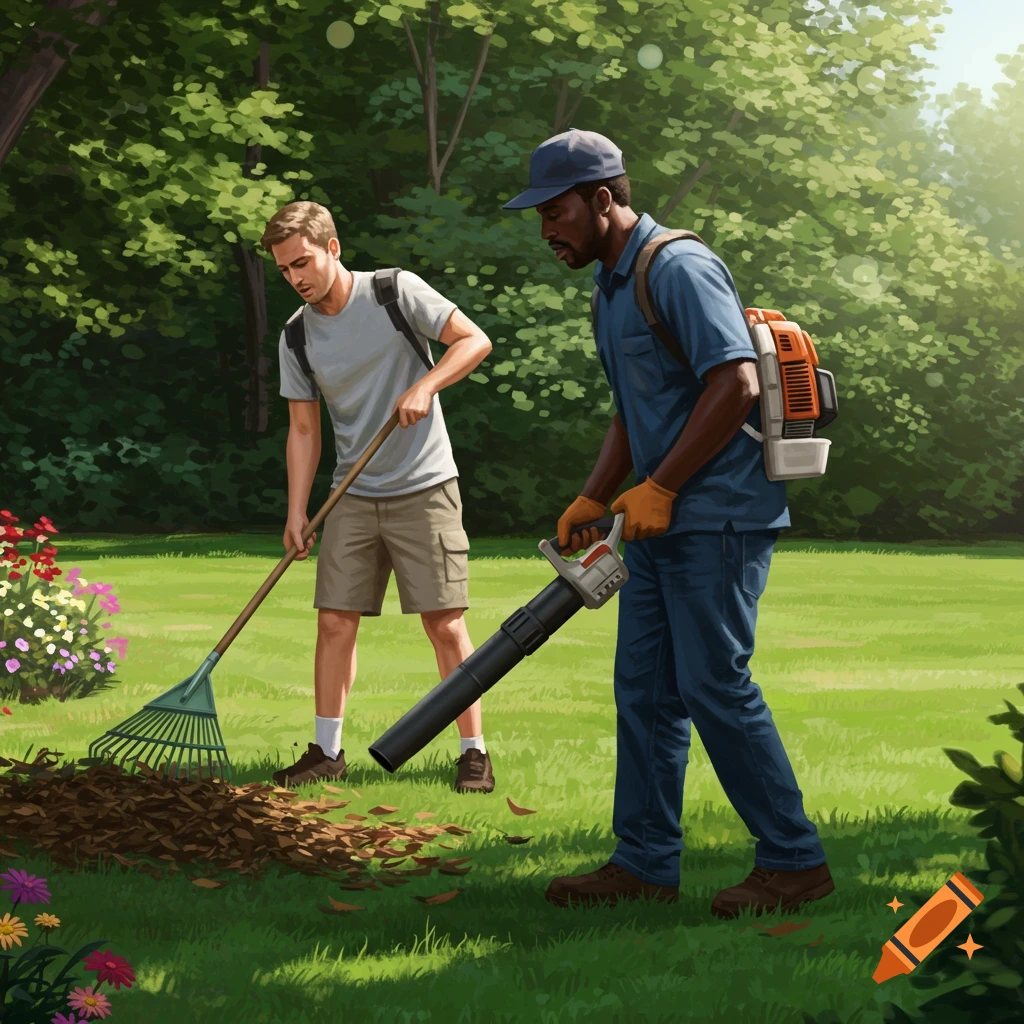 Two men are raking leaves and using a leaf blower in a sunny yard.