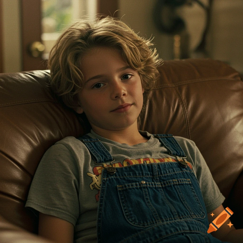 A preteen boy with blond hair sits on a brown leather couch wearing denim overalls.