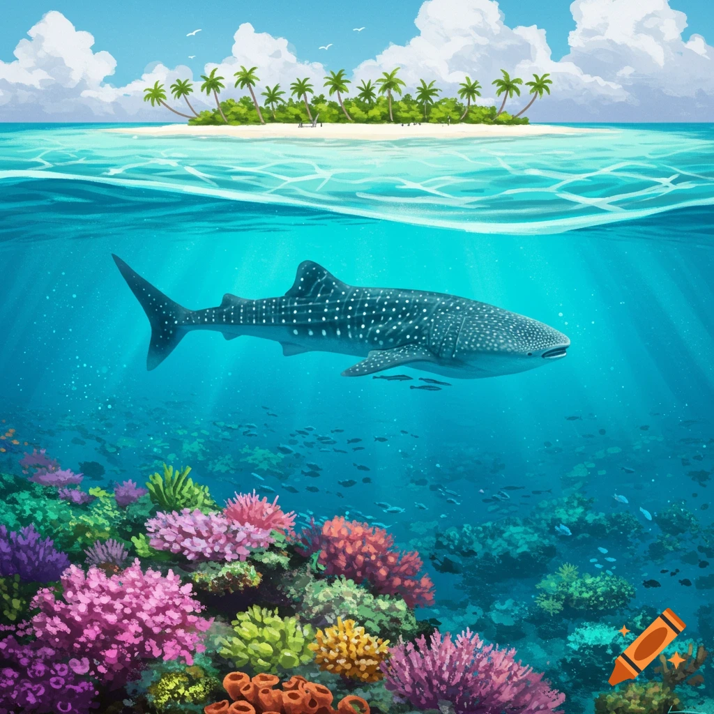 A whale shark swimming over a coral reef near a tropical island.