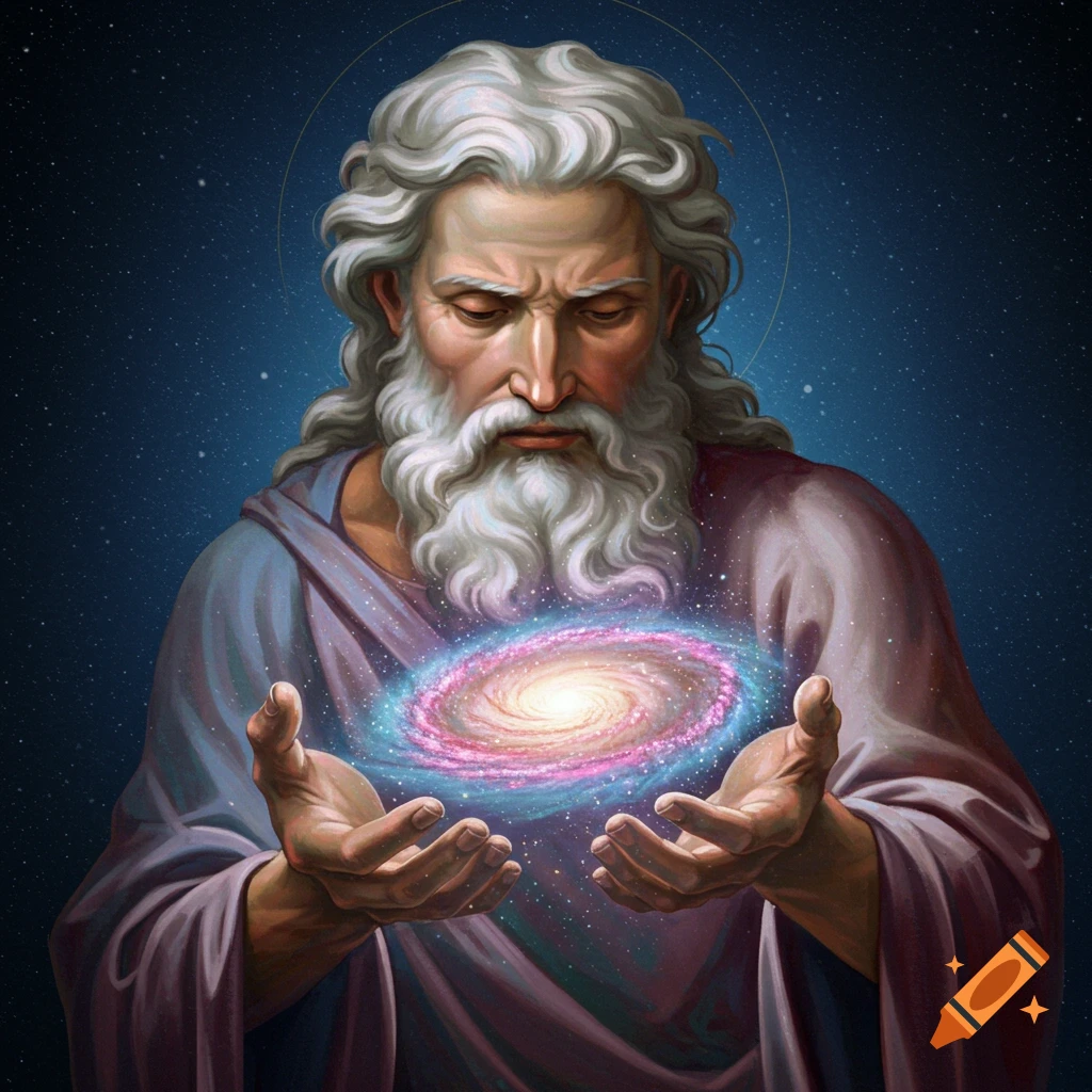 God holding a galaxy in his hands against a starry background.
