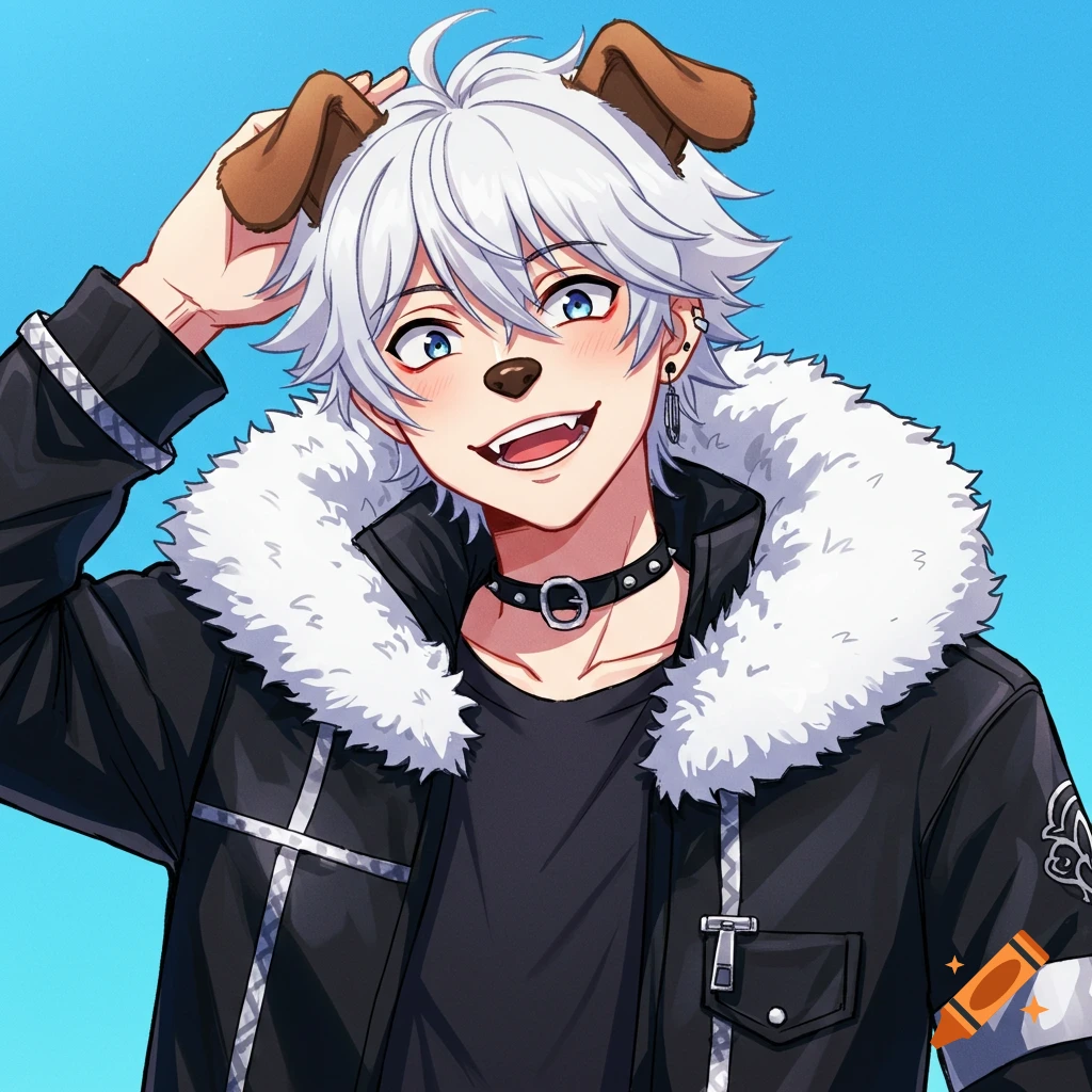 Anime drawing of a young man with dog ears and nose, wearing a black jacket with a fluffy collar and a spiked choker.