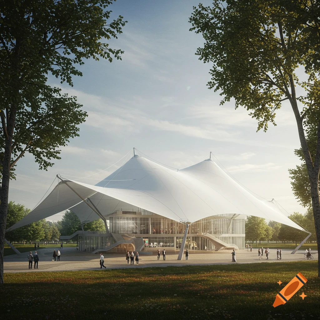 A photorealistic rendering of a tensile membrane structure building in a park with people walking around.