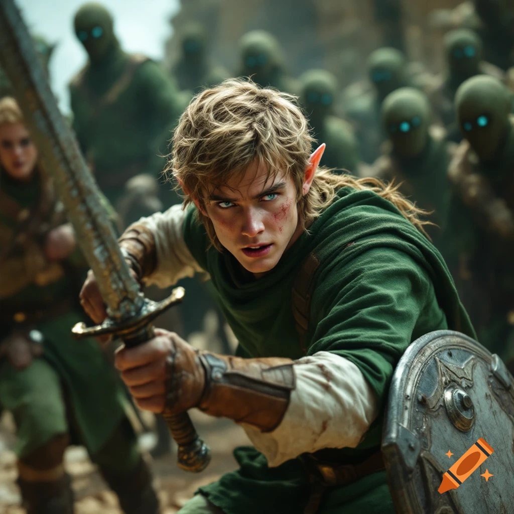 Young man resembling Link fights with sword and shield, surrounded by figures with glowing eyes, photorealistic style.