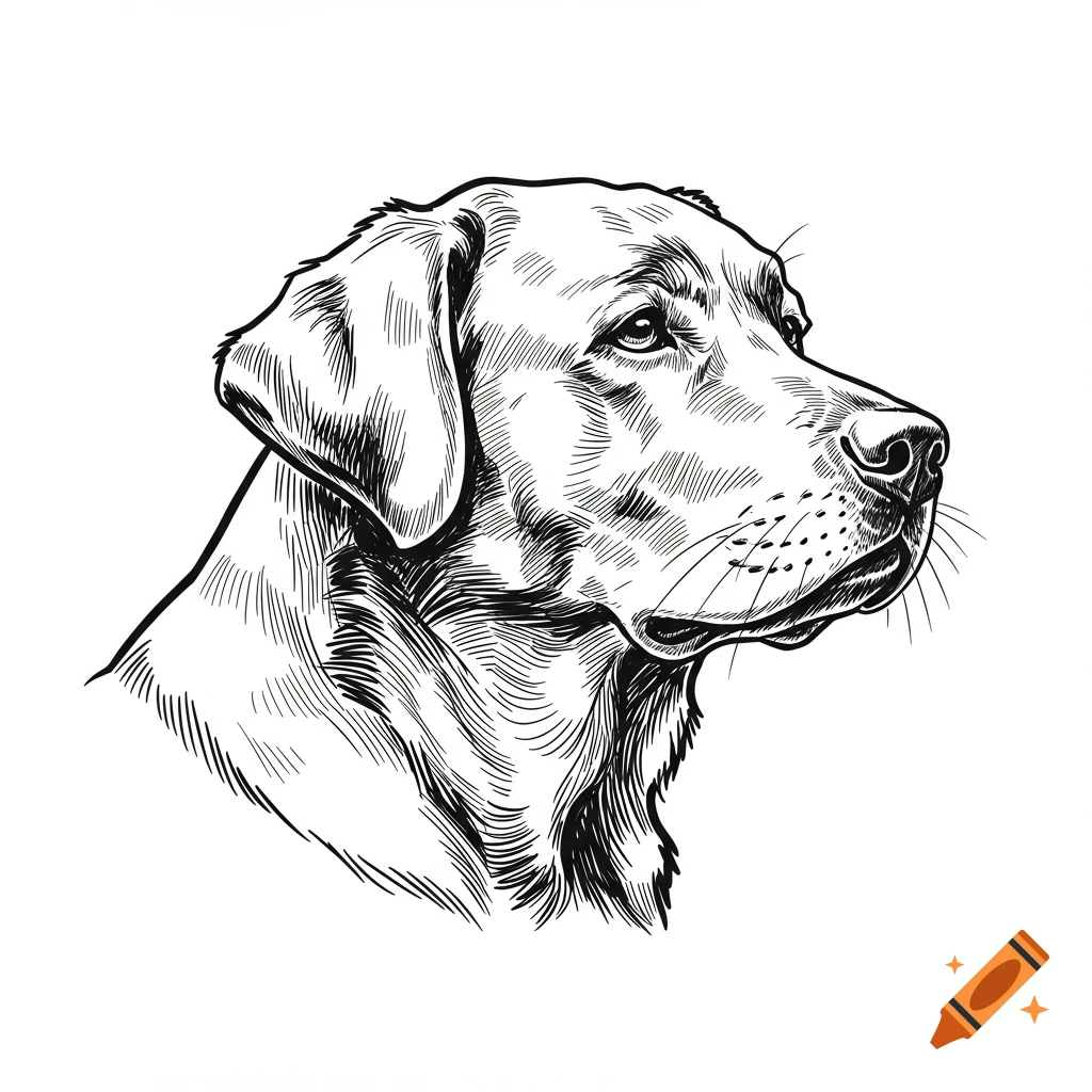 A detailed black and white line drawing of a Labrador retriever's head in profile, looking left.