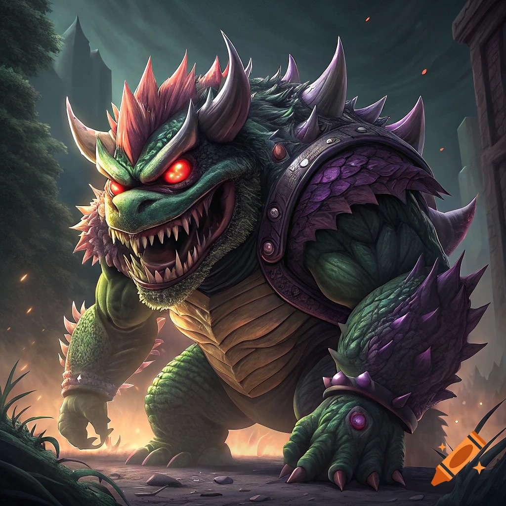 A large, scary reptilian monster with red eyes, spikes, and armor stands in a dark, rocky fantasy landscape.