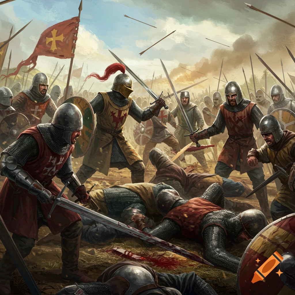 Knights fighting in a medieval battle with swords, spears, and fallen soldiers.