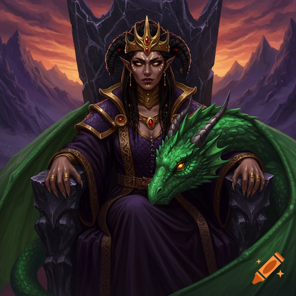A dark fantasy queen with horns and crown sits on a throne with a green dragon in a mountainous landscape.