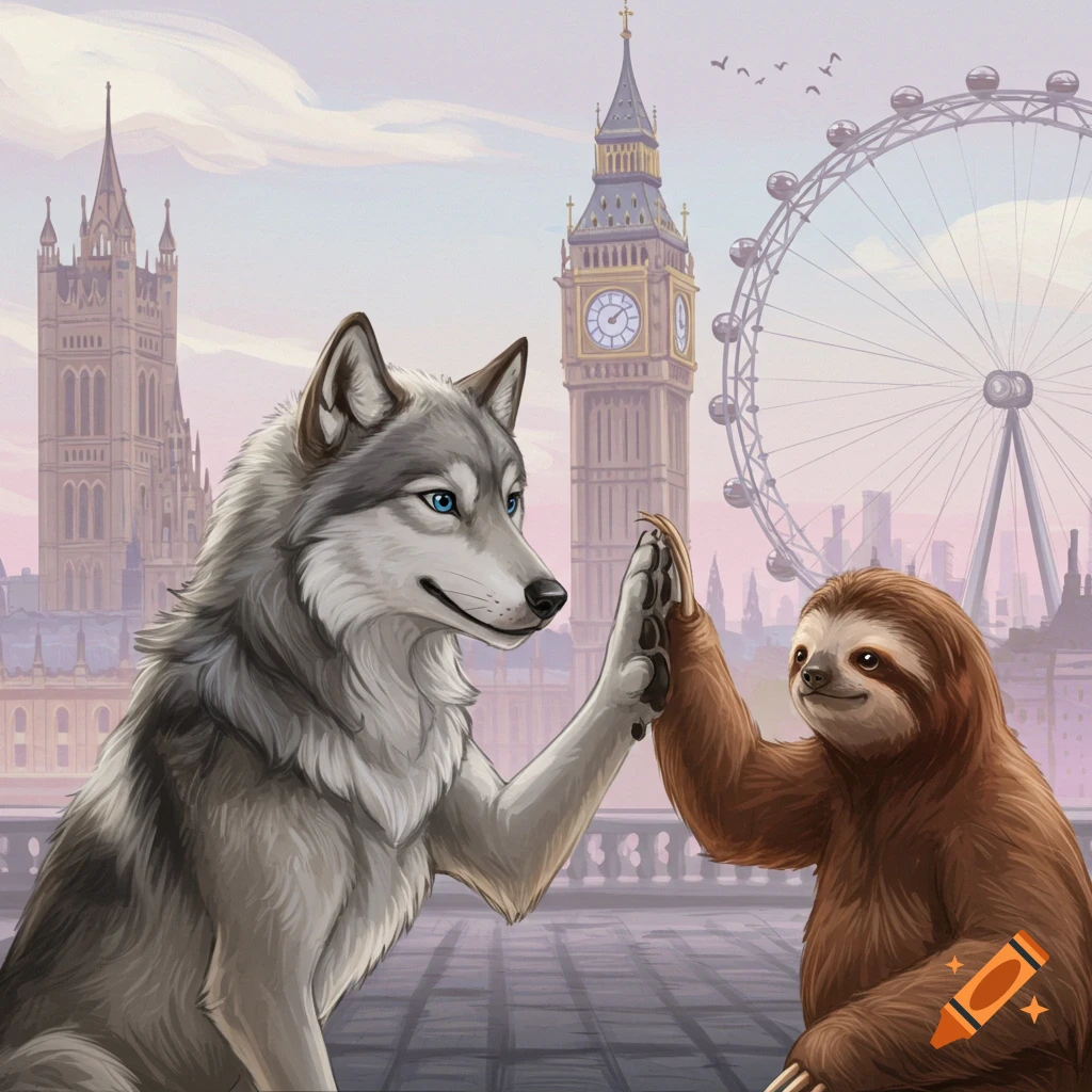A wolf and a sloth high-fiving in front of the London skyline.
