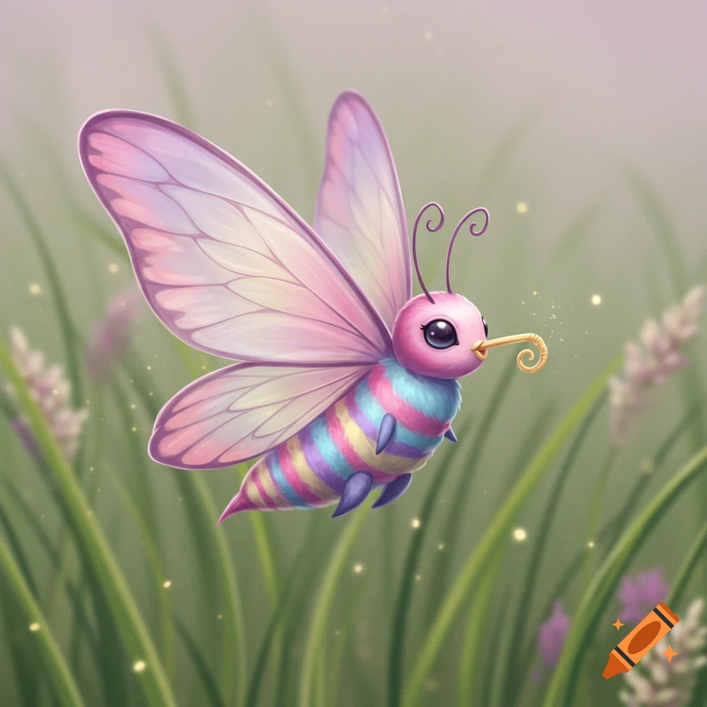 A cute, stylized butterfly-like creature with pastel stripes and glowing wings floats among grass.