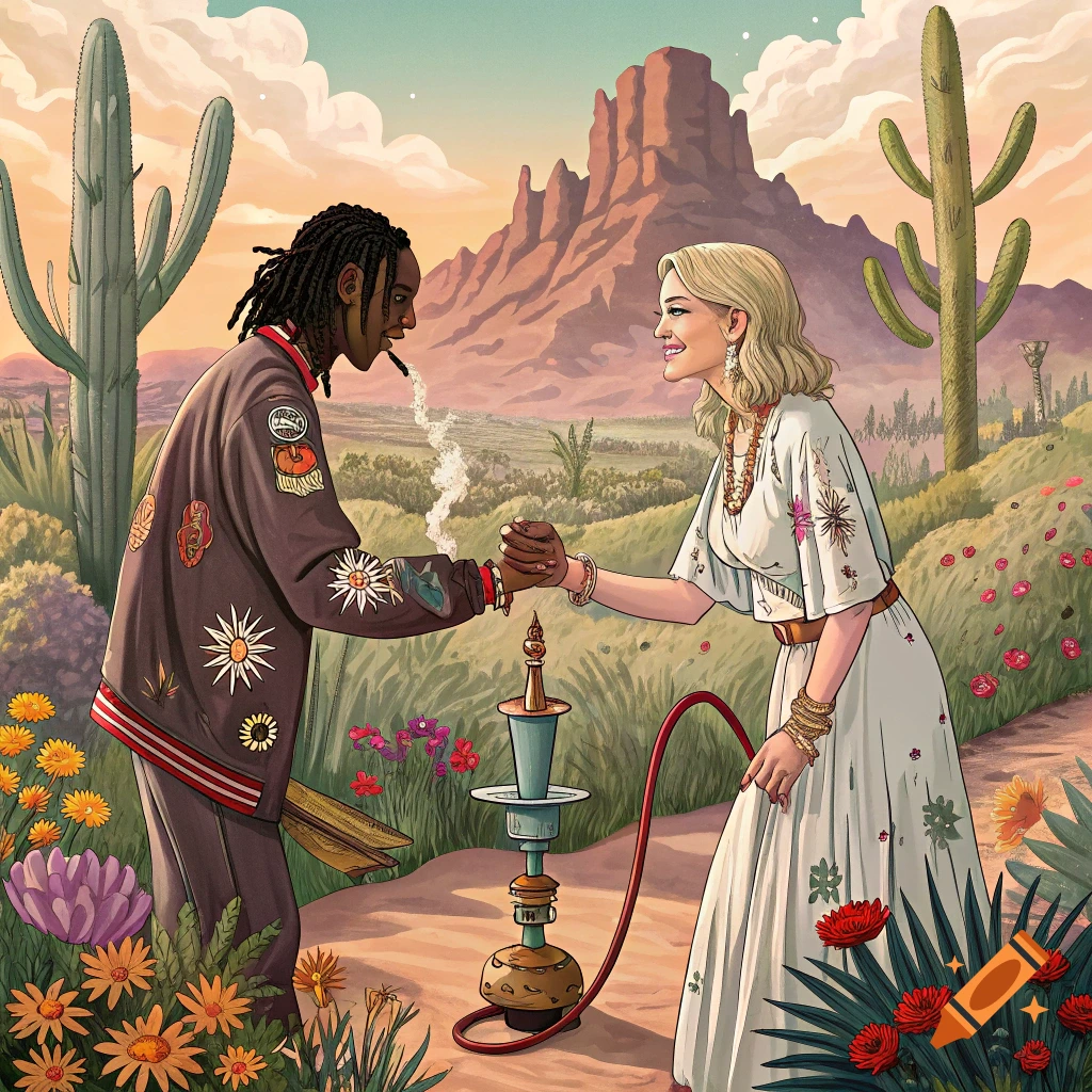 Stylized illustration of a man and woman shaking hands over a hookah in a desert landscape