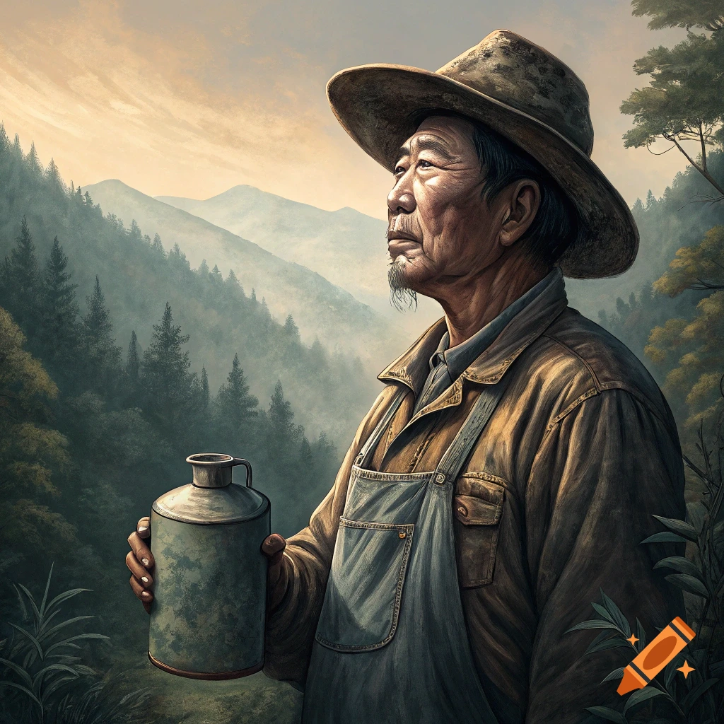 Illustration of a man in a hat holding a jug, looking out over a mountain landscape.
