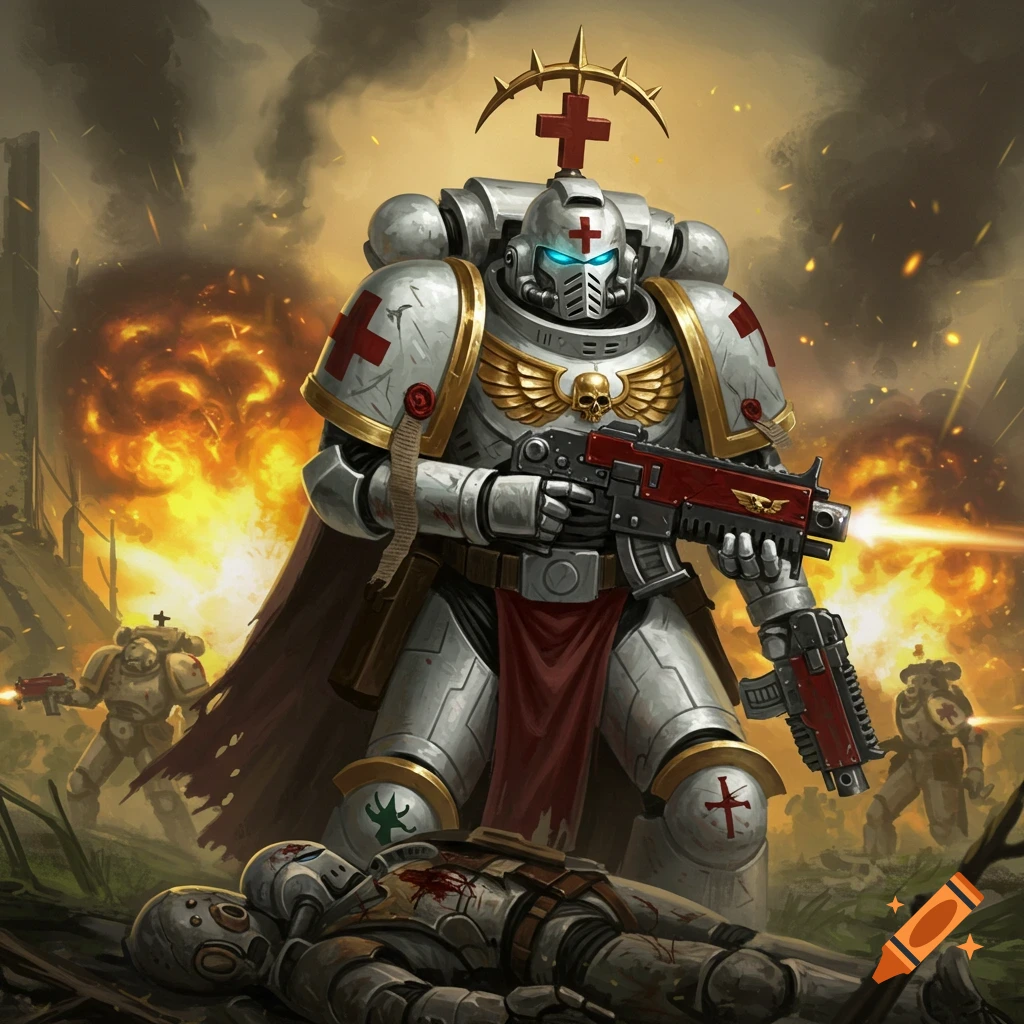 A Warhammer 40k Space Marine Apothecary stands over a fallen figure on a battlefield during an explosion.