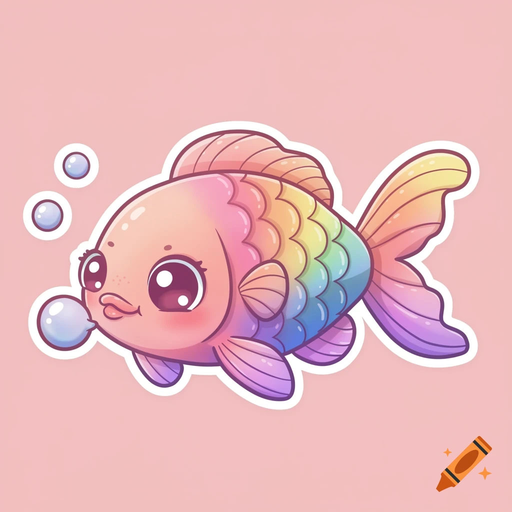 A cute cartoon rainbow fish sticker blowing bubbles.