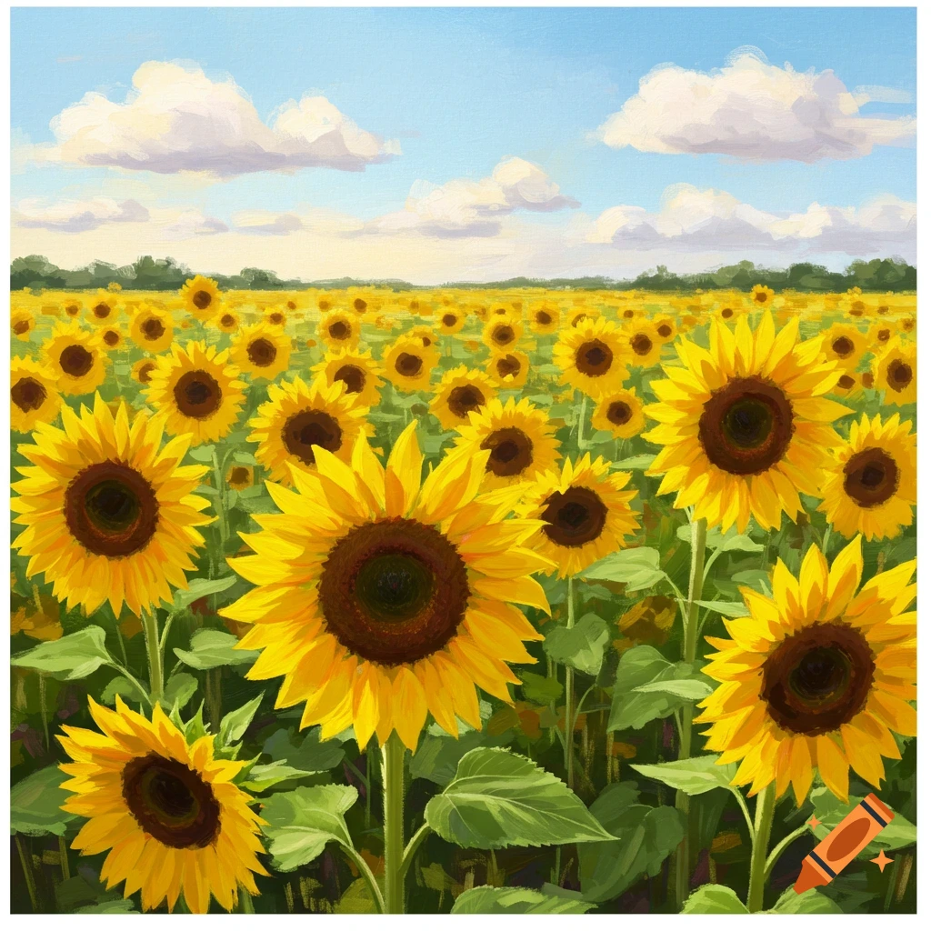 A large field of bright yellow sunflowers under a blue sky.