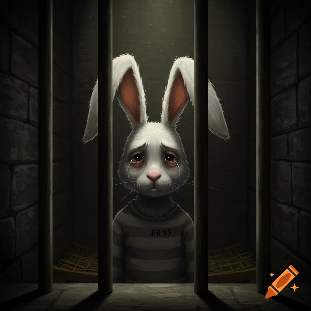 Sad anthropomorphic bunny in prison uniform behind bars.