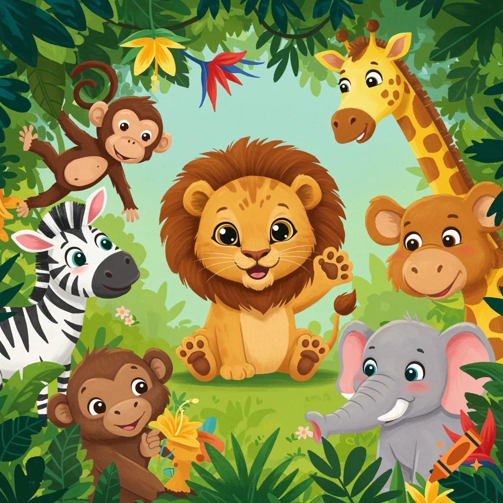 A cartoon illustration of a lion cub surrounded by other jungle animals (monkey, zebra, giraffe, elephant) in a lush forest.