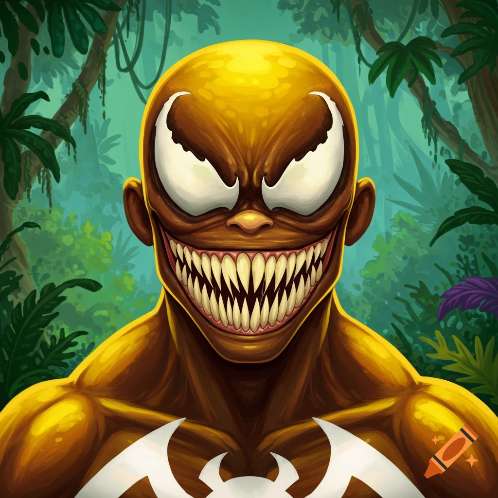 Cartoon of a yellow-skinned Venom-like character with a large toothy smile in a jungle.