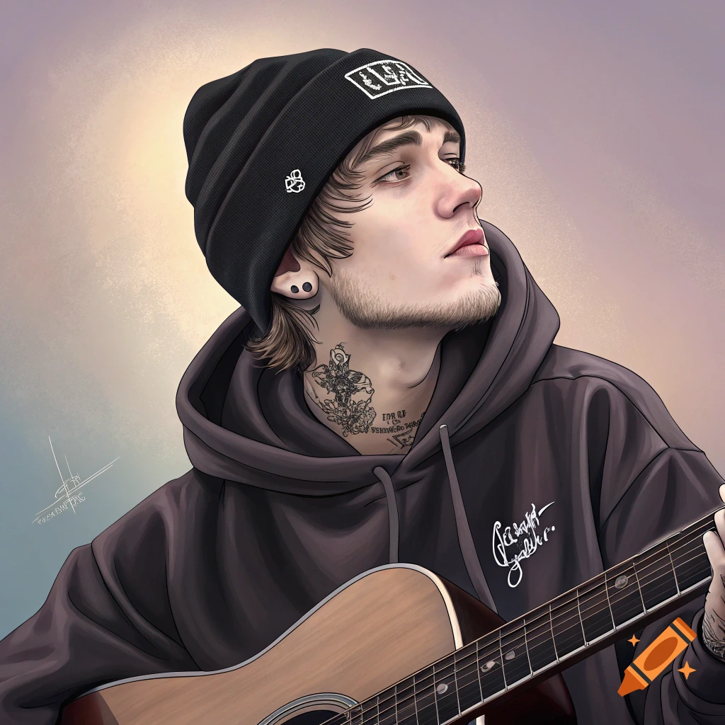 Digital illustration portrait of a young man with a beanie and tattoos playing an acoustic guitar.