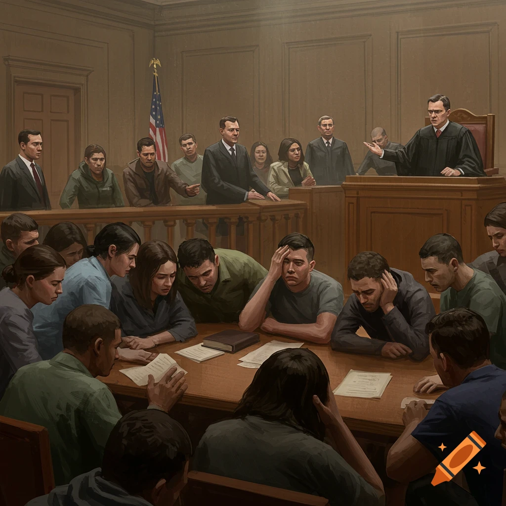 A courtroom scene with people seated at tables and a judge on the bench.