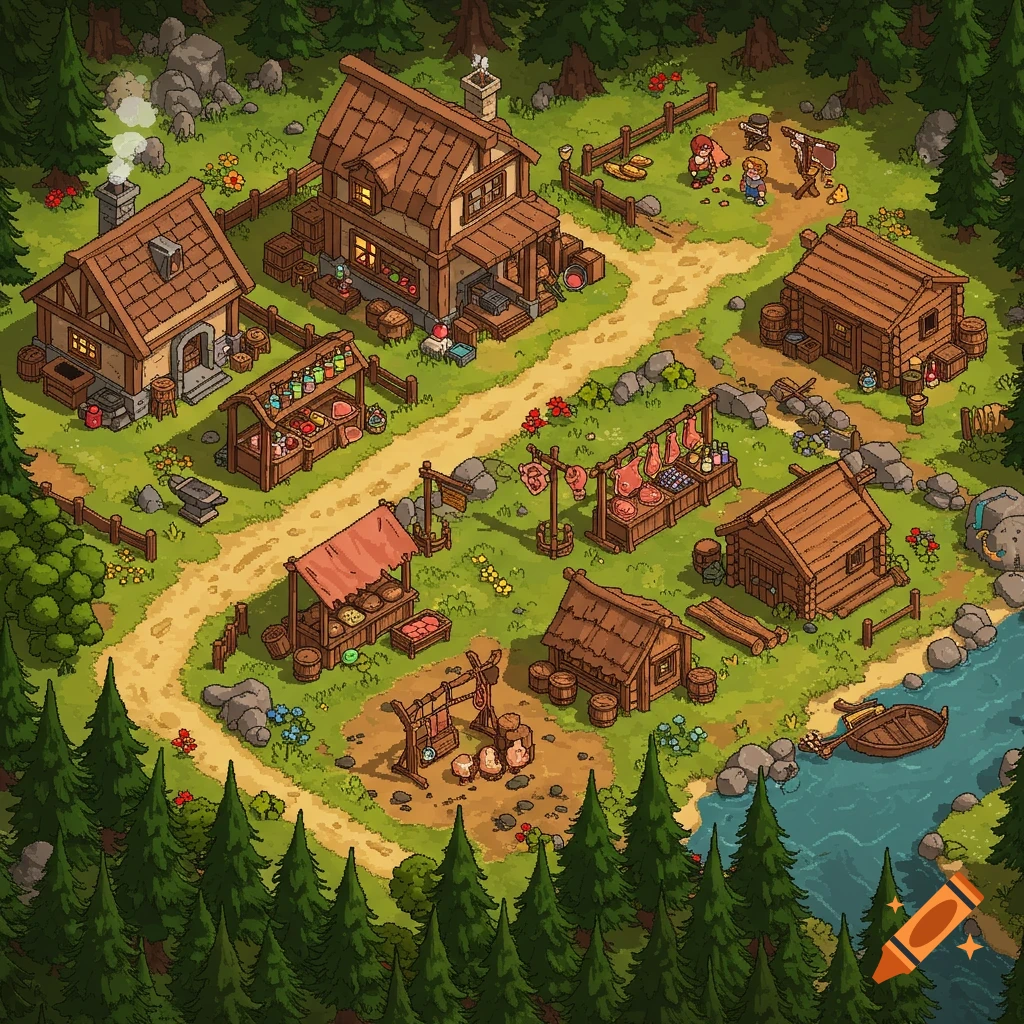 Isometric pixel art village scene with market stalls, houses, river, and forest.