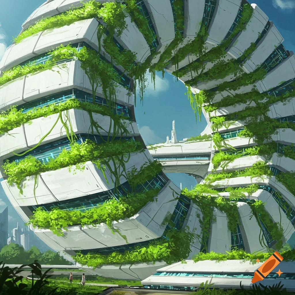 A futuristic circular building covered in green vegetation.