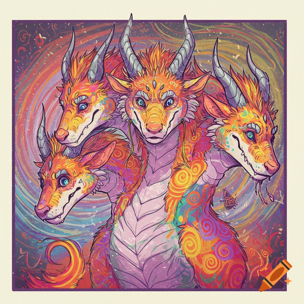 A vibrant, multi-headed furry dragon in a swirling, colorful digital illustration style.