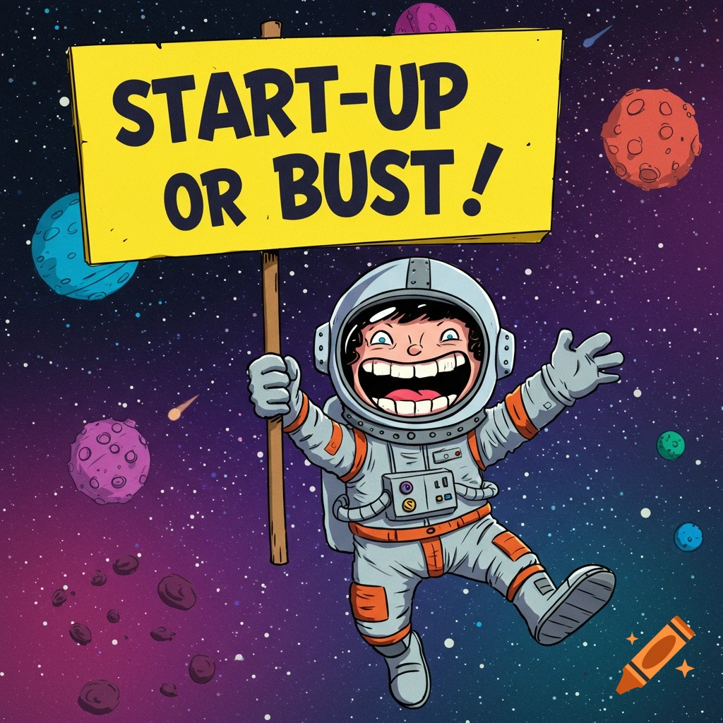 Cartoon astronaut holds 'Start-up or Bust!' sign in space.