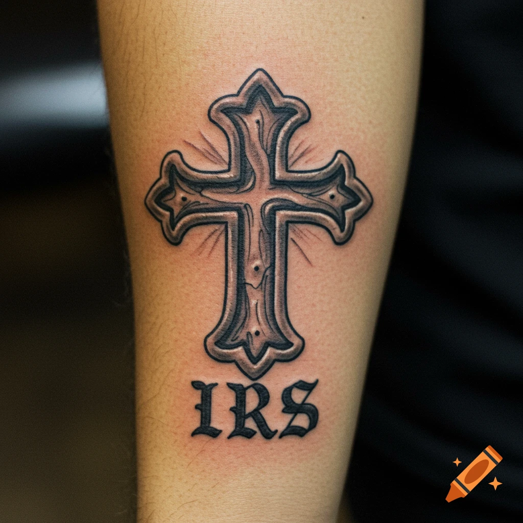 A tattoo of a decorative cross and the letters IRS on an arm.