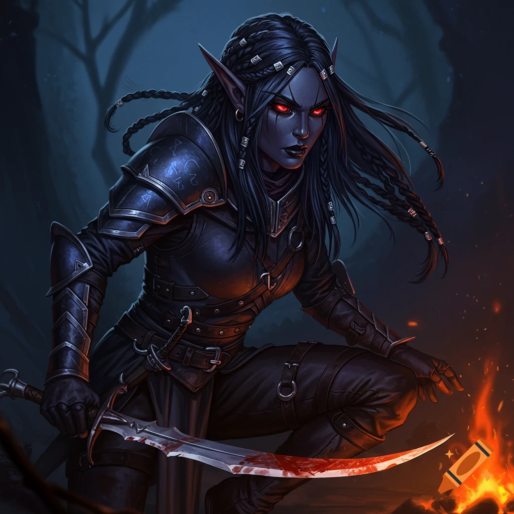 A dark fantasy illustration of a kneeling drow warrior with a bloody sword near a campfire.