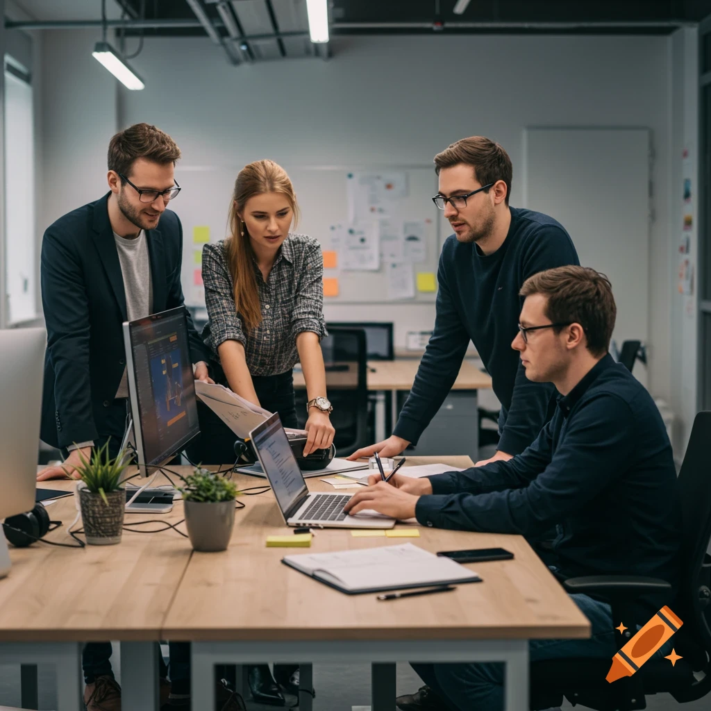 Team of four people working on computers and papers around a table in an office.