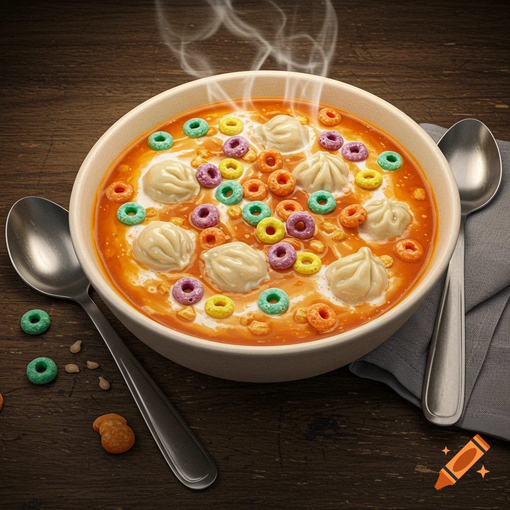 A bowl of orange soup or broth with several dumplings and colorful loop-shaped cereal pieces floating in it. Two spoons and some loose cereal are on a dark wooden table next to the bowl. Steam rises from the bowl.