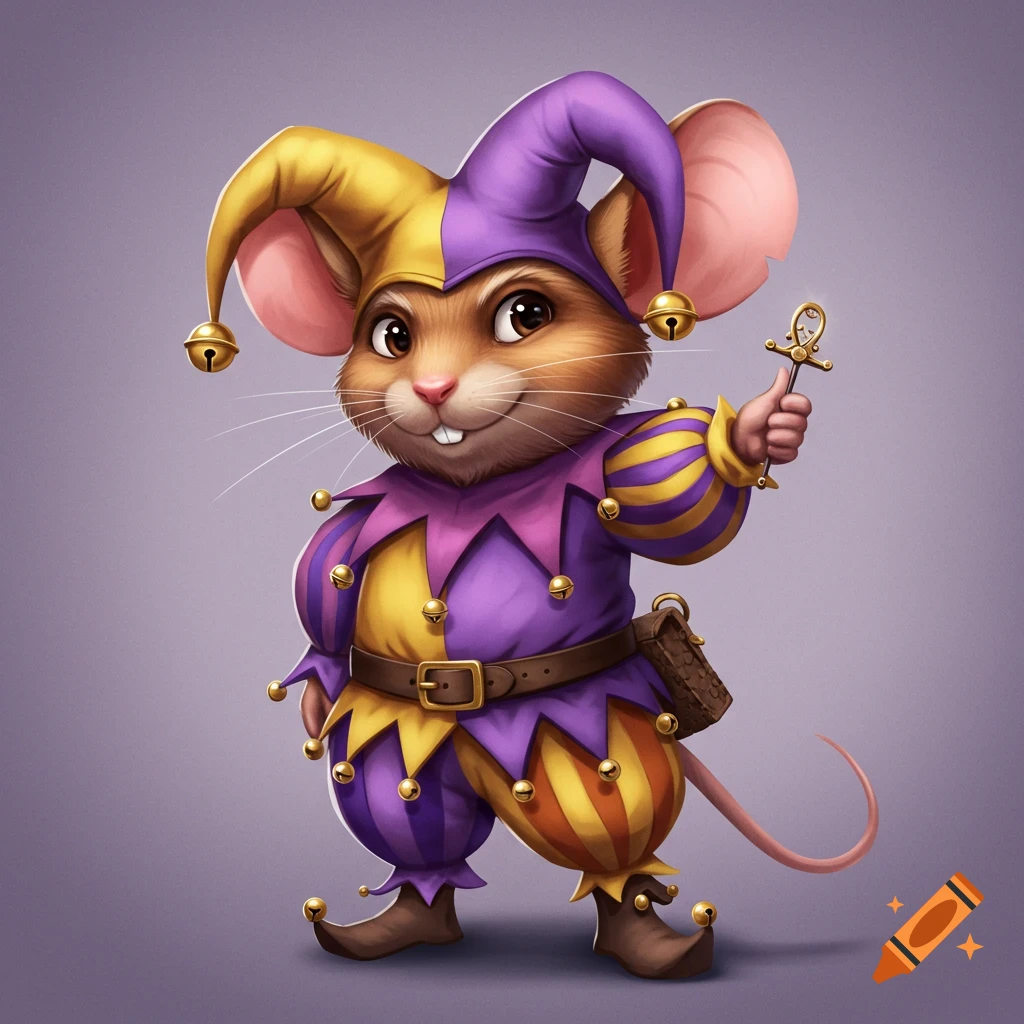 A cartoon mouse wears a purple and yellow jester costume and holds a pin like a sword.