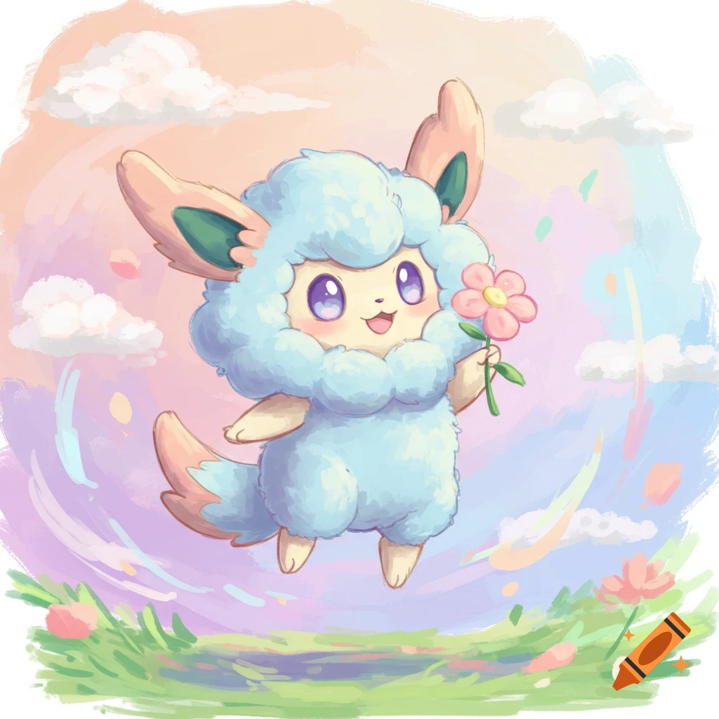 Cute fluffy blue creature holding a pink flower in a pastel landscape