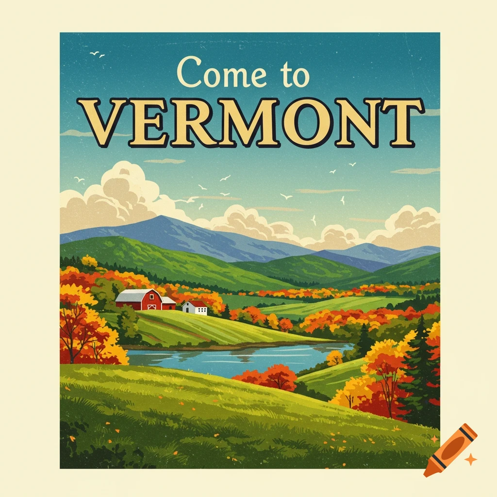 Vintage style travel poster of a Vermont autumn landscape with a barn, river, and mountains, with text "Come to VERMONT".