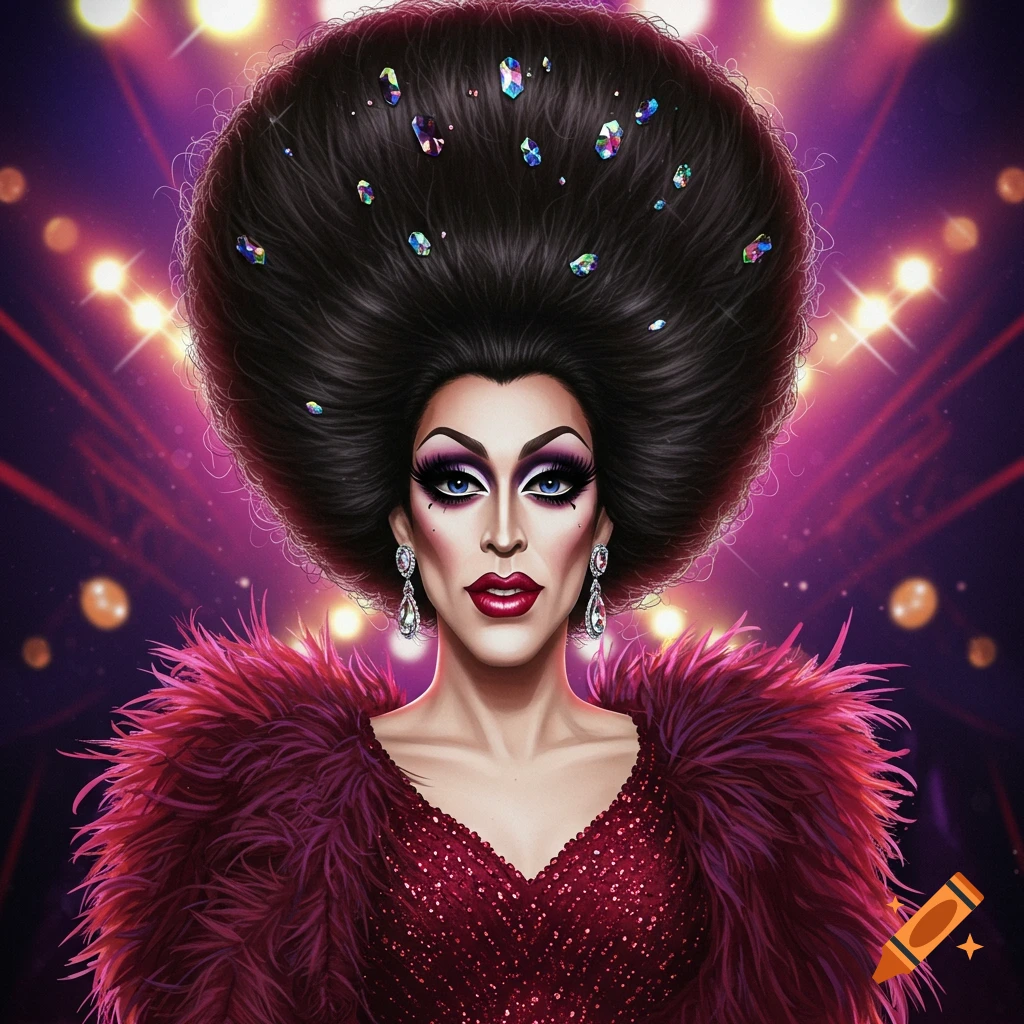 A drag queen with a large hairstyle, sparkly dress, and feathery boa.