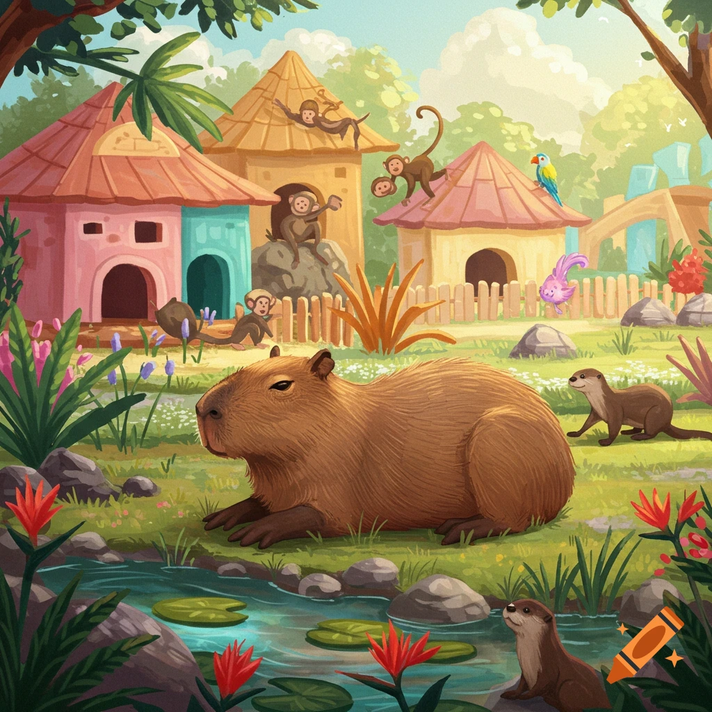A capybara, otters, monkeys, and a bird in a colorful zoo setting