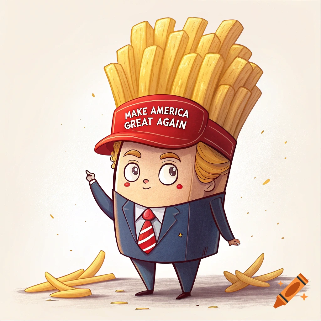 Cartoon french fry character wearing a red 'MAKE AMERICA GREAT AGAIN' cap