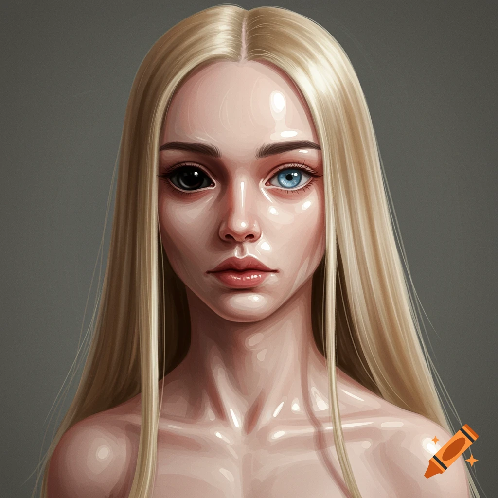 Portrait of a woman with black and blue eyes, long blonde hair, and pale, glossy skin.