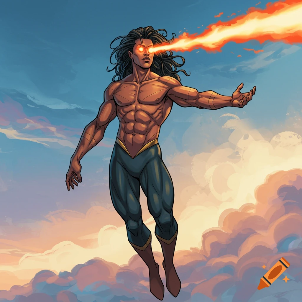Muscular man flying through clouds with heat vision, digital art.