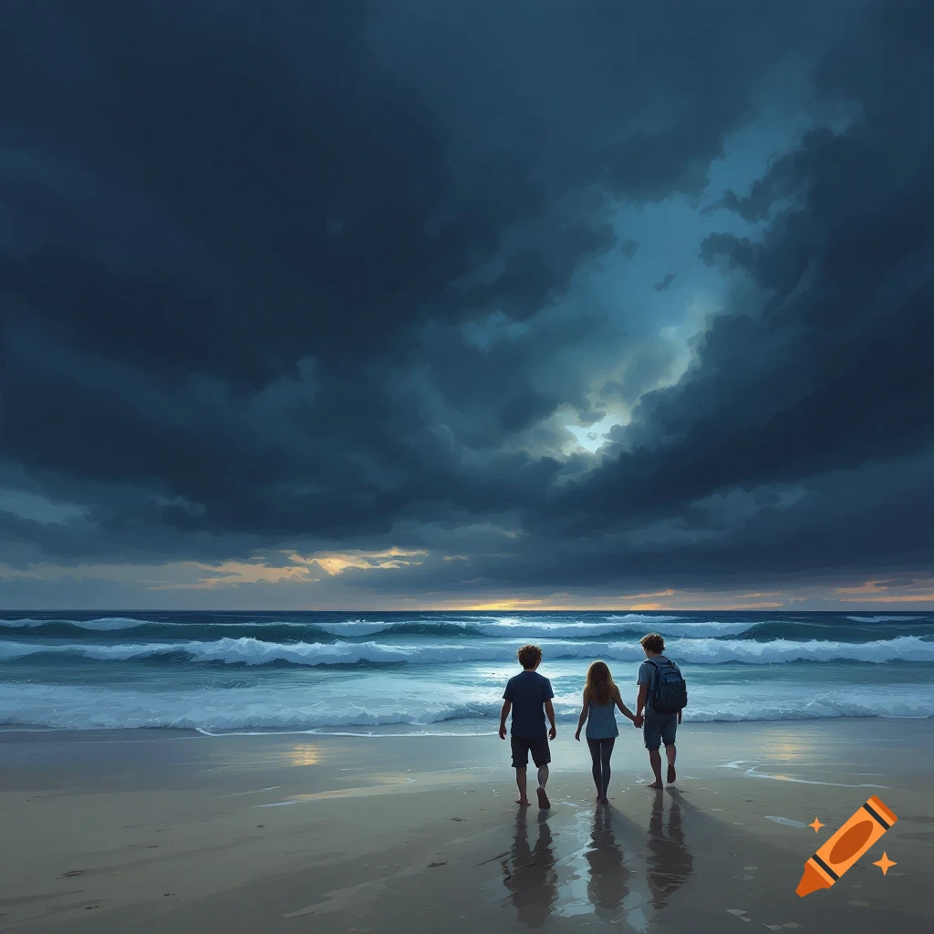 Three people walk on a beach towards a stormy sea at sunset.