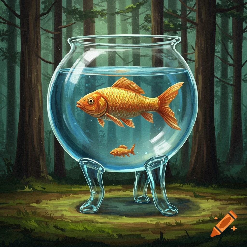A fishbowl with legs containing goldfish in a forest