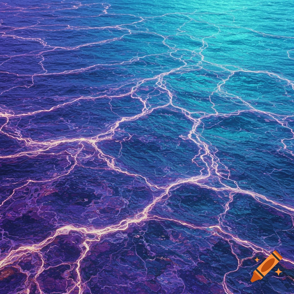 Abstract glowing purple and white lines cracking across a textured dark purple and blue surface.