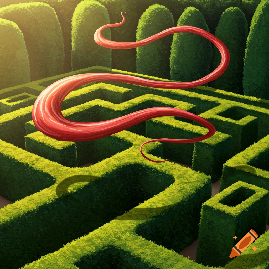 A wavy red shape flies over a sunny green hedge maze.