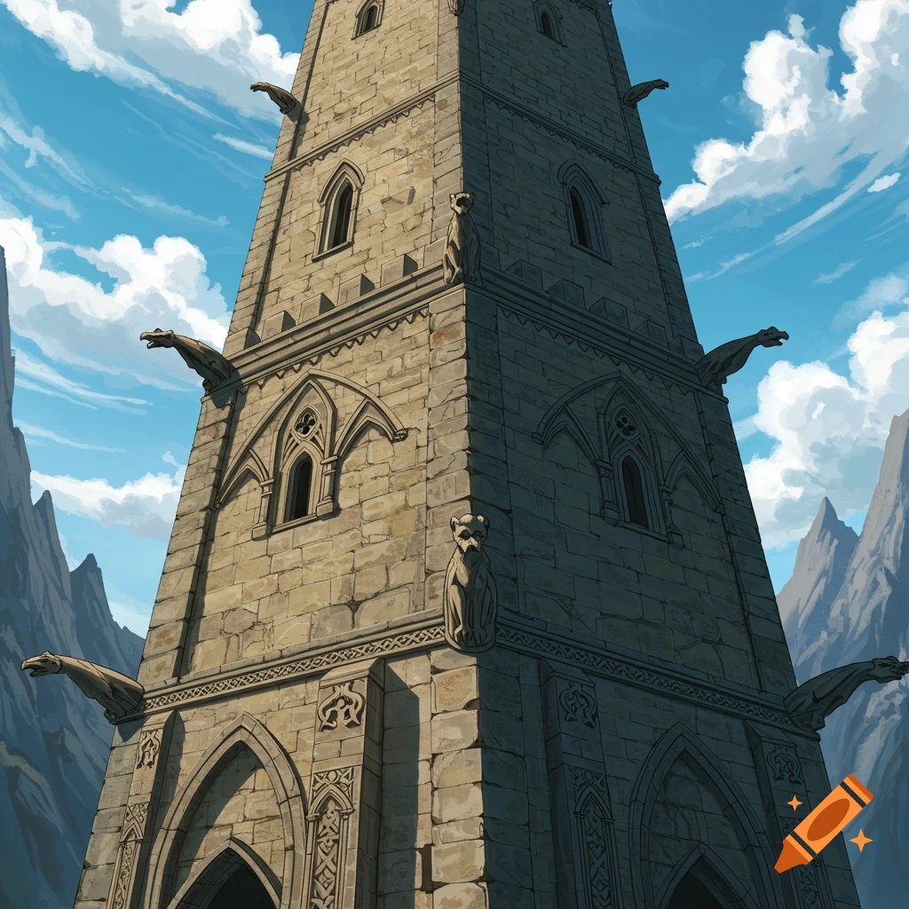 A stone tower with gargoyles stands against a cloudy sky and mountains.