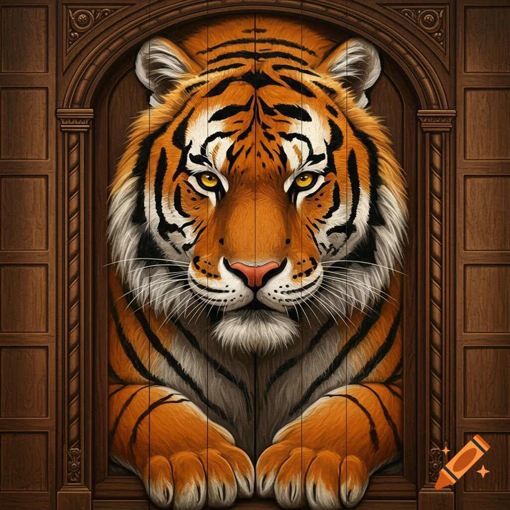 A tiger's head and paws peeking through a wooden door