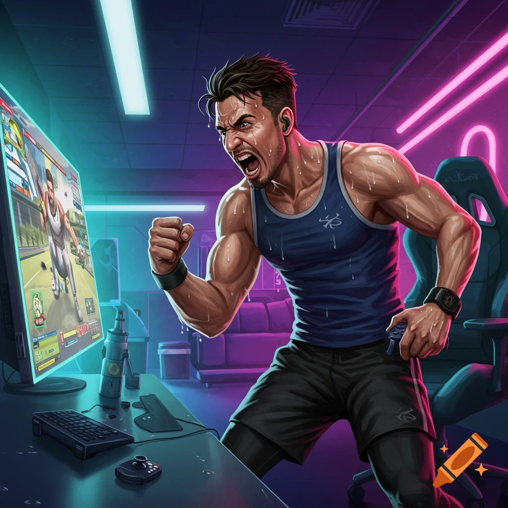 Muscular man in workout clothes plays a video game intensely.