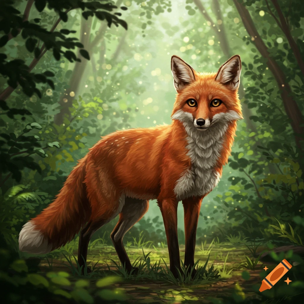 A red fox stands in a sunlit forest.