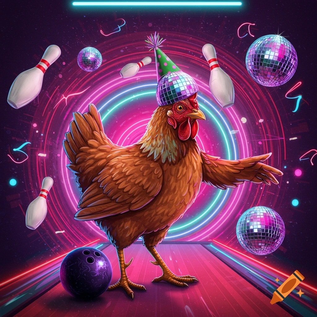 A chicken in a party hat and disco ball hat is on a bowling lane with neon lights and disco balls.